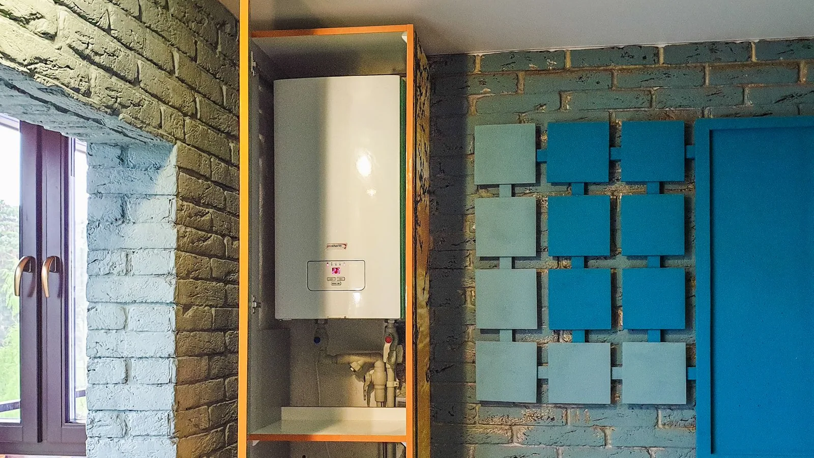 Wall-mounted combi boiler in a home mechanical room